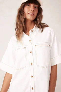 New Ceres Life Short Sleeve Tiered Pocket Shirt Dress - Fresh Ecru