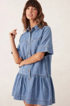 Best Ceres Life Short Sleeve Tiered Pocket Shirt Dress  - Vintage Blue
