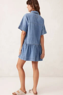 Best Ceres Life Short Sleeve Tiered Pocket Shirt Dress  - Vintage Blue