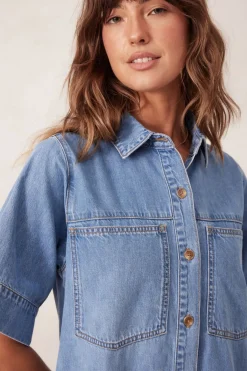 Best Ceres Life Short Sleeve Tiered Pocket Shirt Dress  - Vintage Blue