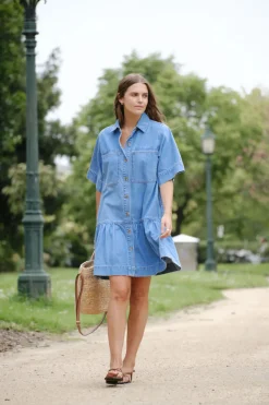 Best Ceres Life Short Sleeve Tiered Pocket Shirt Dress  - Vintage Blue