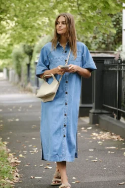 Discount Ceres Life Short Sleeve Yoke Detail Midi Dress - Vintage Blue
