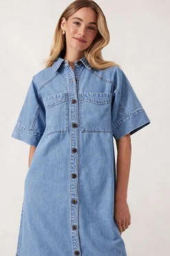 Discount Ceres Life Short Sleeve Yoke Detail Midi Dress - Vintage Blue