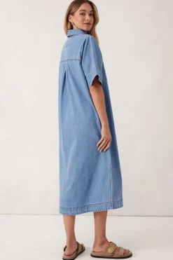 Discount Ceres Life Short Sleeve Yoke Detail Midi Dress - Vintage Blue