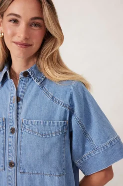 Discount Ceres Life Short Sleeve Yoke Detail Midi Dress - Vintage Blue