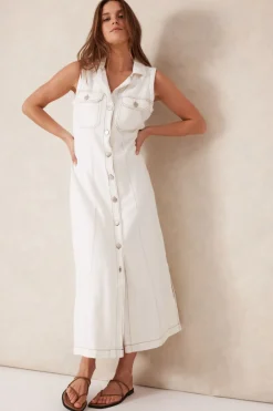 Clearance Ceres Life Sleeveless Panelled Midi Shirt Dress - Fresh Ecru