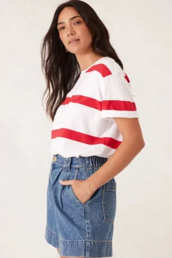 Clearance Ceres Life Slouchy Split Hem Tee - White/Heritage Red Bold Stripe