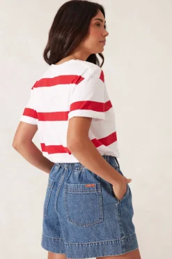 Clearance Ceres Life Slouchy Split Hem Tee - White/Heritage Red Bold Stripe