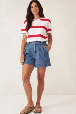 Clearance Ceres Life Slouchy Split Hem Tee - White/Heritage Red Bold Stripe