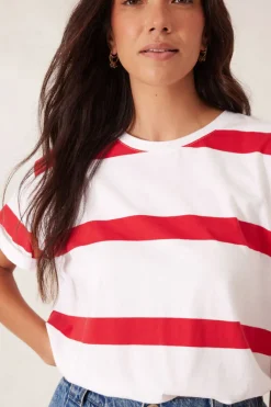 Clearance Ceres Life Slouchy Split Hem Tee - White/Heritage Red Bold Stripe