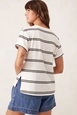 Discount Ceres Life Slouchy Split Hem Tee - Vanilla/Phantom Double Stripe