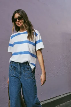 Clearance Ceres Life Slouchy Split Hem Tee - Vanilla/Pool Blue