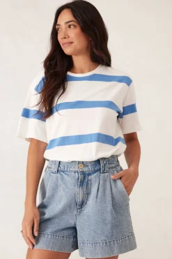 Online Ceres Life Slouchy Split Hem Tee - Vanilla/Pool Blue Bold Stripe