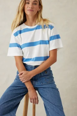 Online Ceres Life Slouchy Split Hem Tee - Vanilla/Pool Blue Bold Stripe