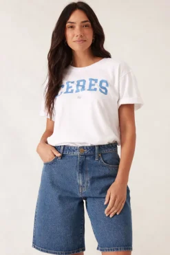 New Ceres Life Slouchy Split Hem Tee - White/Ceres Varisty Pool Blue