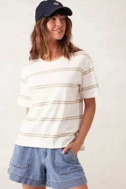 Best Ceres Life Slouchy Split Hem Tee - Vanilla/Matcha Double Stripe
