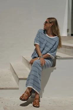 Discount Ceres Life Textured Boxy Knit Tee - Summer Blue Stripe