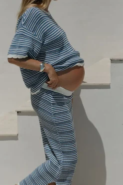 Discount Ceres Life Textured Boxy Knit Tee - Summer Blue Stripe