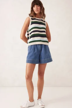 Sale Ceres Life Textured Mulit Stripe Knit Tank - Aqua Pine Navy Stripe