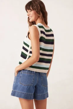 Sale Ceres Life Textured Mulit Stripe Knit Tank - Aqua Pine Navy Stripe