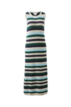 Fashion Ceres Life Textured Multi Stripe Knit Midi Dress - Aqua Pine Navy Stripe