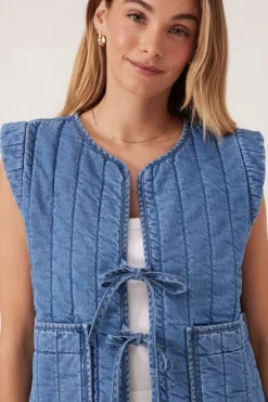 Fashion Ceres Life Tie Quilted Vest - Worn Blue