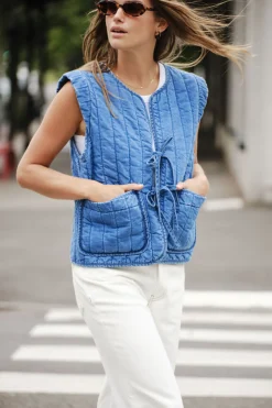 Fashion Ceres Life Tie Quilted Vest - Worn Blue