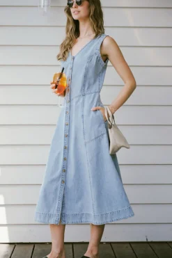 Hot Ceres Life V Neck Flared Midi Dress - Worn Blue