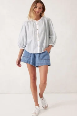 Outlet Ceres Life Woven Collarless Top - Green Ladder Stripe