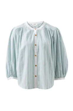 Outlet Ceres Life Woven Collarless Top - Green Ladder Stripe