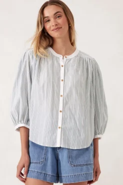 Outlet Ceres Life Woven Collarless Top - Green Ladder Stripe
