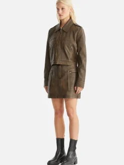 Fashion Ena Pelly Lennie Leather Biker Jacket - Worn Brown