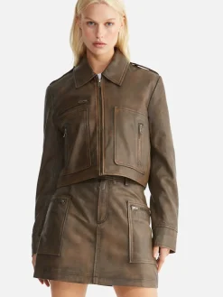Fashion Ena Pelly Lennie Leather Biker Jacket - Worn Brown