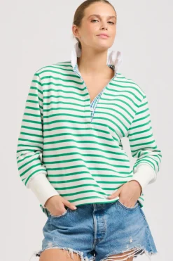 Hot Est1971 Est 1971 Rugby Frill Collar Cotton Sweatshirt - Green Stripe