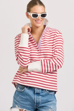 Hot Est1971 Est 1971 Rugby Frill Collar Cotton Sweatshirt - Raspberry Stripe
