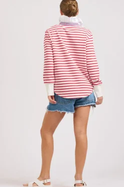 Hot Est1971 Est 1971 Rugby Frill Collar Cotton Sweatshirt - Raspberry Stripe