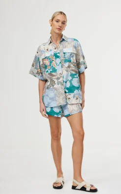 Discount Kinney Juniper Shirt - Cyan Patchwork