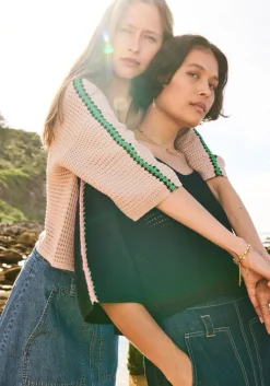 Sale Pol Xander Crochet Tee - Pebble/Ink/Green
