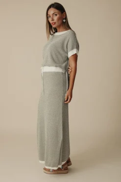 Online Talamaya Lattice Short Sleeve Pullover- Dusty Olive & Cream