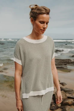 Online Talamaya Lattice Short Sleeve Pullover- Dusty Olive & Cream